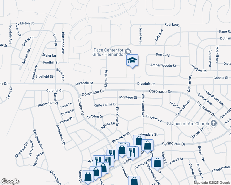 map of restaurants, bars, coffee shops, grocery stores, and more near 13215 Fish Cove Drive in Spring Hill