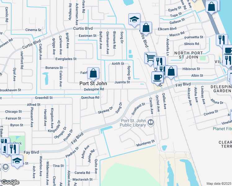 map of restaurants, bars, coffee shops, grocery stores, and more near 4095 Delespine Road in Cocoa