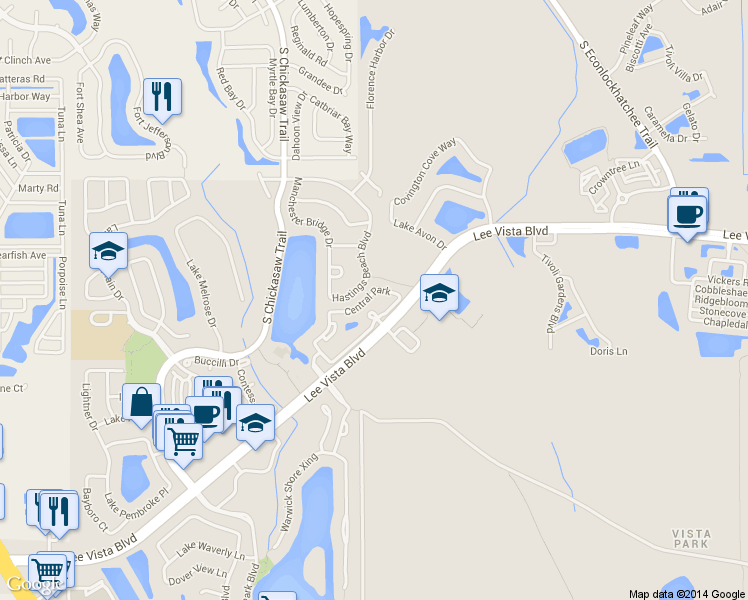 map of restaurants, bars, coffee shops, grocery stores, and more near 9125 Lee Vista Boulevard in Orlando