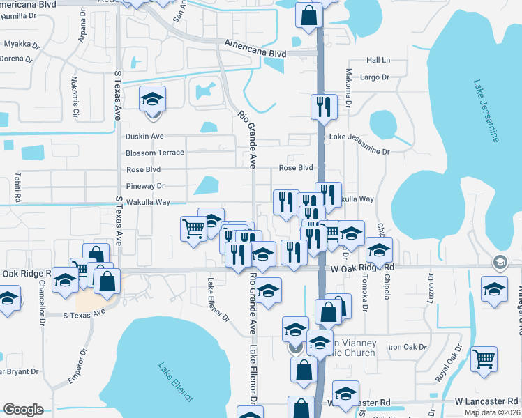 map of restaurants, bars, coffee shops, grocery stores, and more near 1456 Wakulla Way in Orlando