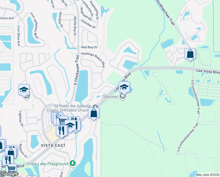 map of restaurants, bars, coffee shops, grocery stores, and more near 9141 Lee Vista Boulevard in Orlando