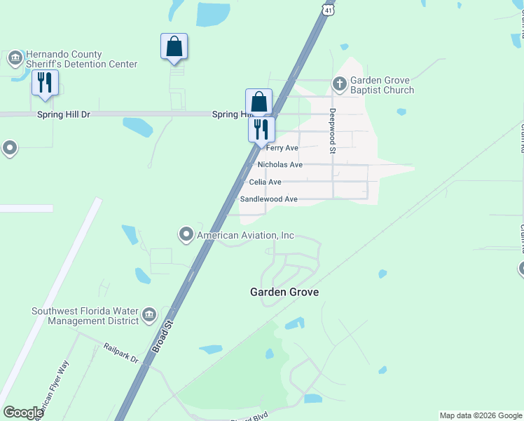 map of restaurants, bars, coffee shops, grocery stores, and more near 18028 Sandlewood Avenue in Brooksville