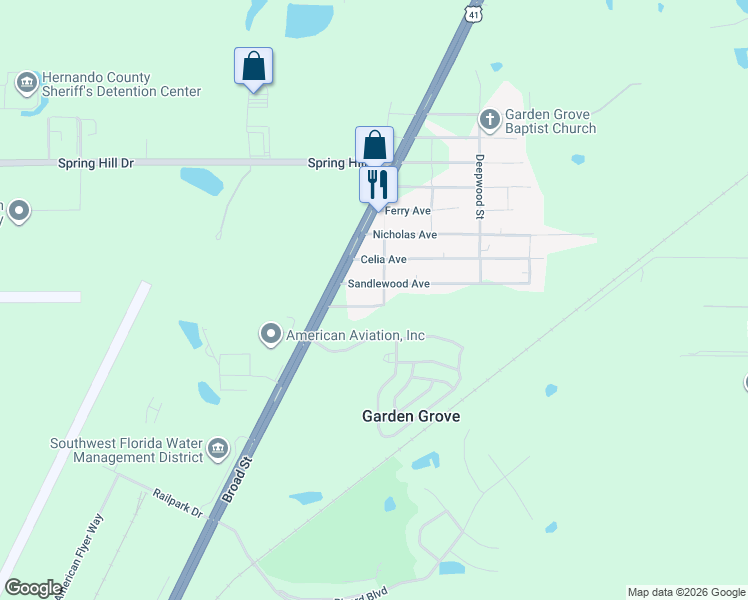 map of restaurants, bars, coffee shops, grocery stores, and more near 17463 Tavern Road in Brooksville