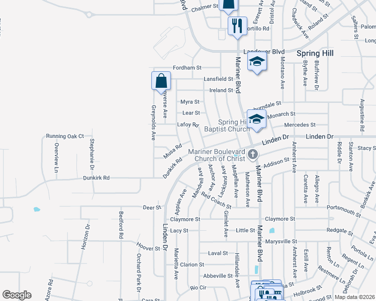 map of restaurants, bars, coffee shops, grocery stores, and more near 10395 Dunkirk Road in Spring Hill