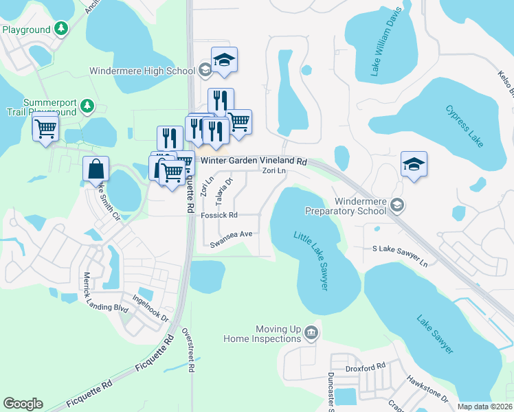map of restaurants, bars, coffee shops, grocery stores, and more near 6226 Little Lake Sawyer Drive in Windermere