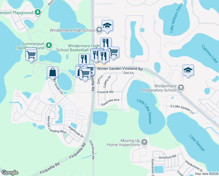 map of restaurants, bars, coffee shops, grocery stores, and more near 6242 Andreozzi Lane in Windermere