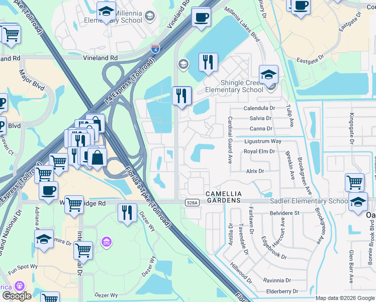 map of restaurants, bars, coffee shops, grocery stores, and more near 5202 Millenia Boulevard in Orlando