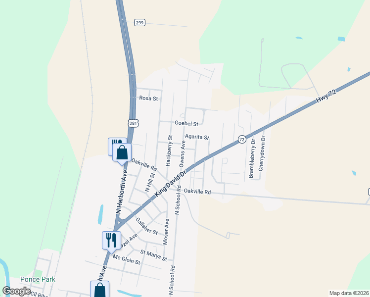 map of restaurants, bars, coffee shops, grocery stores, and more near 1610 Owens Avenue in Three Rivers