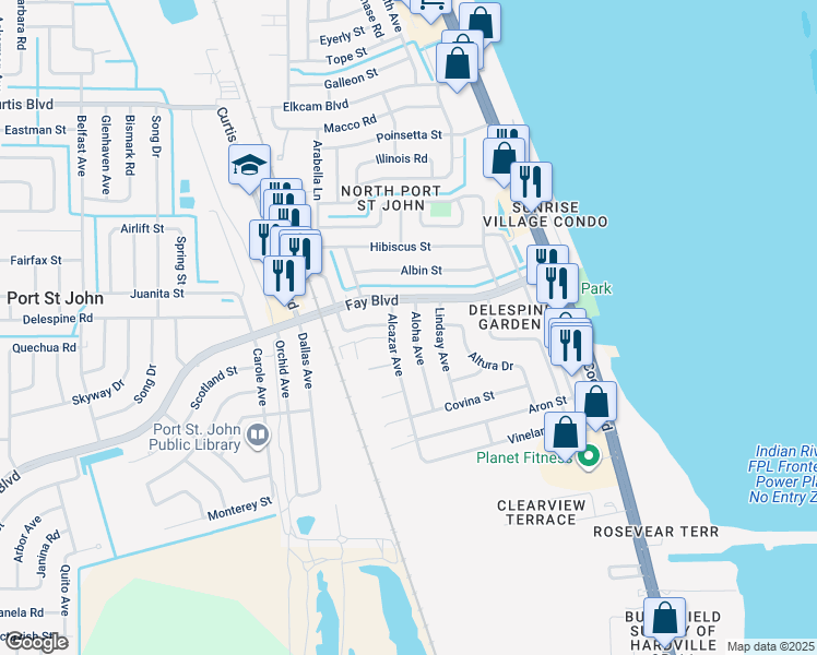 map of restaurants, bars, coffee shops, grocery stores, and more near 640 Aloha Avenue in Cocoa