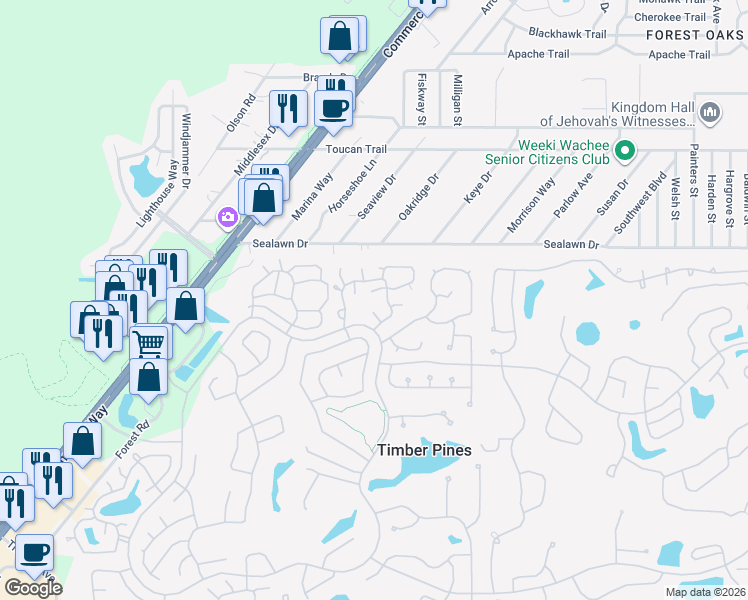 map of restaurants, bars, coffee shops, grocery stores, and more near 2646 Blue Ridge Circle in Spring Hill