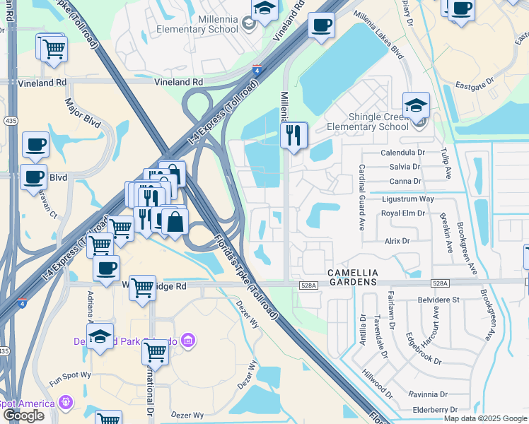 map of restaurants, bars, coffee shops, grocery stores, and more near 5215 Millenia Boulevard in Orlando