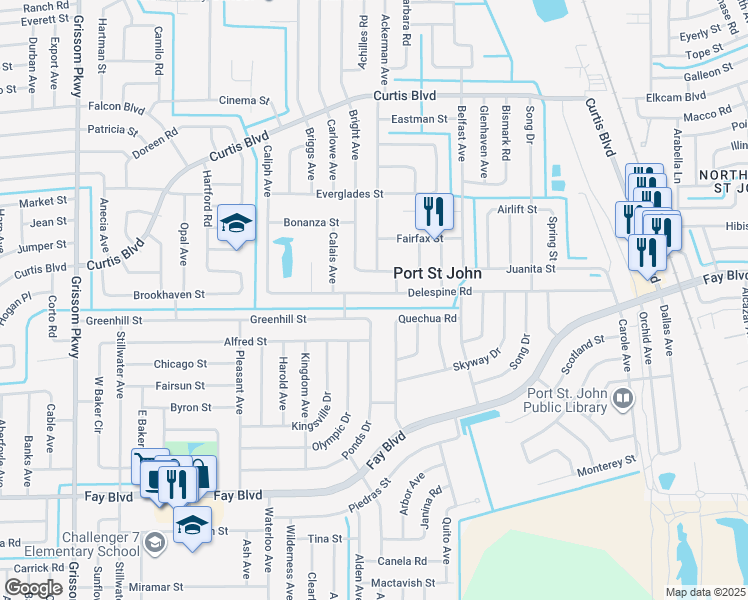 map of restaurants, bars, coffee shops, grocery stores, and more near 4395 Delespine Road in Cocoa
