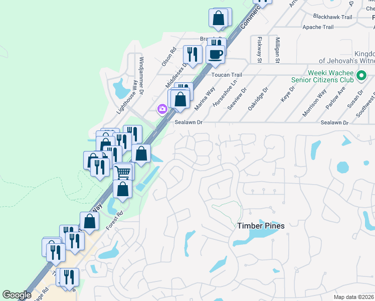 map of restaurants, bars, coffee shops, grocery stores, and more near 6594 Andromeda Way in Spring Hill