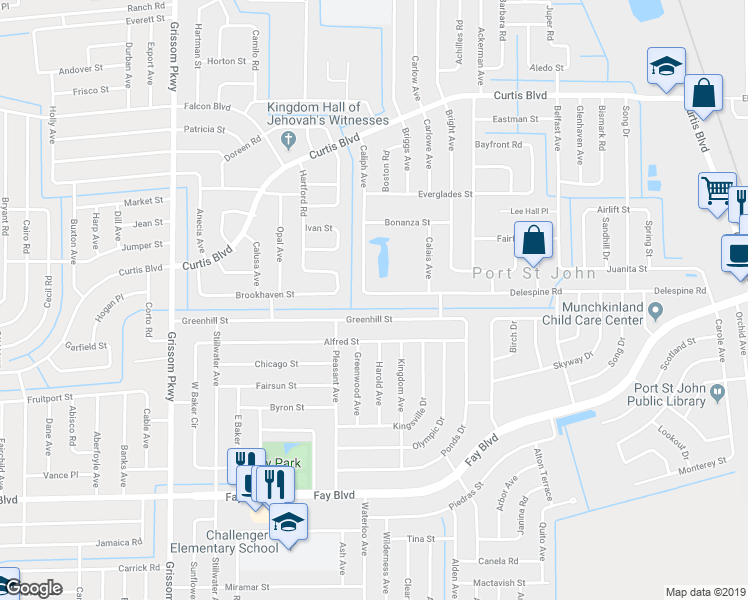 map of restaurants, bars, coffee shops, grocery stores, and more near 4555 Delespine Road in Cocoa