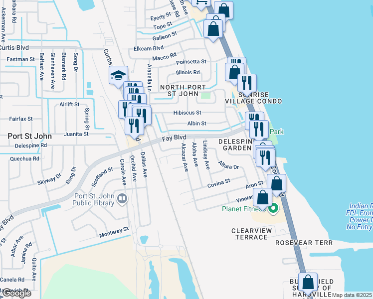 map of restaurants, bars, coffee shops, grocery stores, and more near 641 Alcazar Avenue in Cocoa