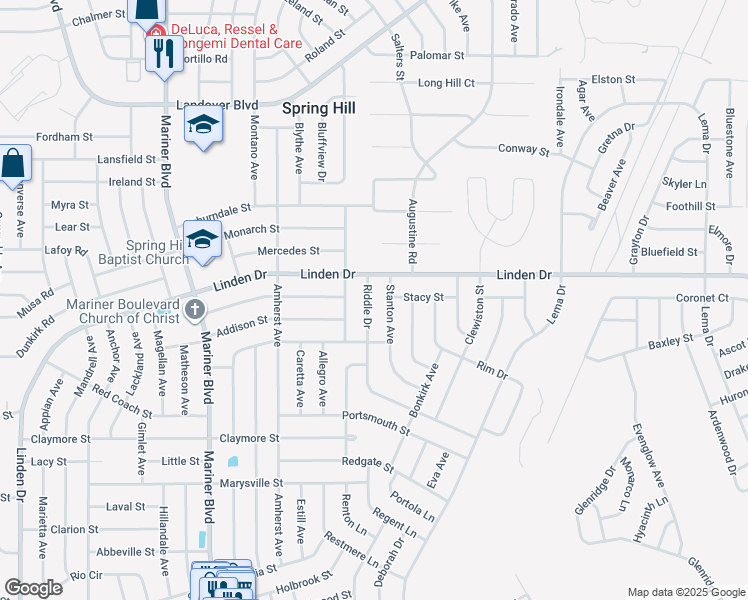 map of restaurants, bars, coffee shops, grocery stores, and more near 11209 Riddle Drive in Spring Hill