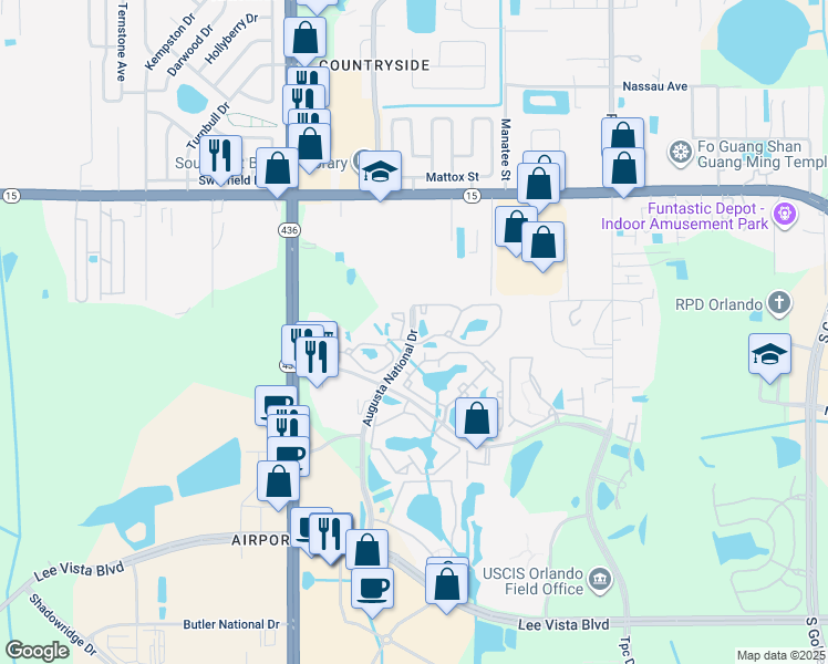 map of restaurants, bars, coffee shops, grocery stores, and more near 5975 Augusta National Drive in Orlando