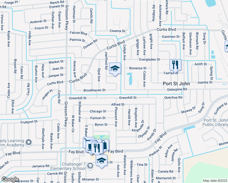 map of restaurants, bars, coffee shops, grocery stores, and more near 4737 Brookhaven Street in Cocoa