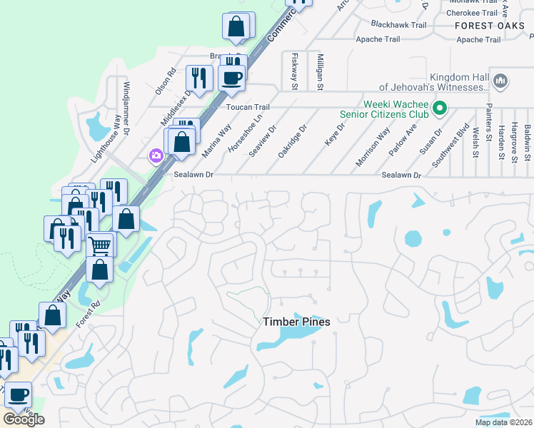 map of restaurants, bars, coffee shops, grocery stores, and more near 2646 Blue Ridge Circle in Spring Hill