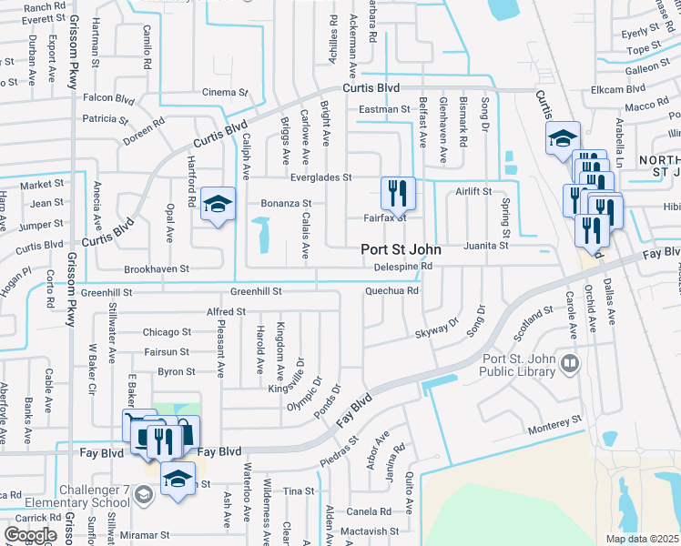 map of restaurants, bars, coffee shops, grocery stores, and more near 4391 Delespine Road in Port Saint John