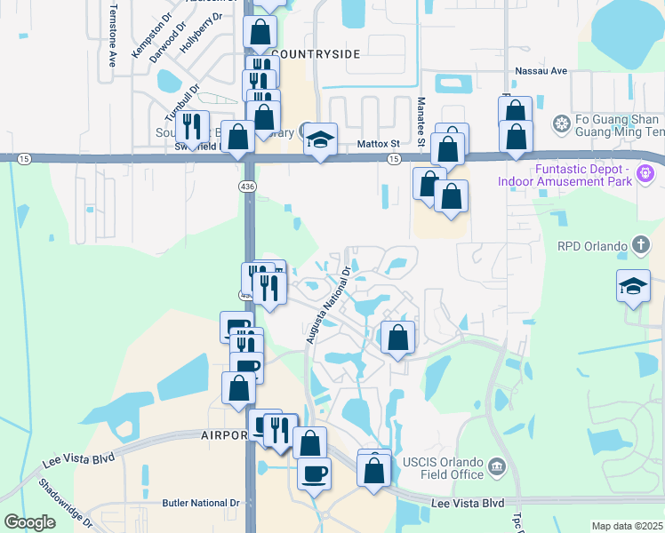 map of restaurants, bars, coffee shops, grocery stores, and more near 5831 Bent Pine Drive in Orlando