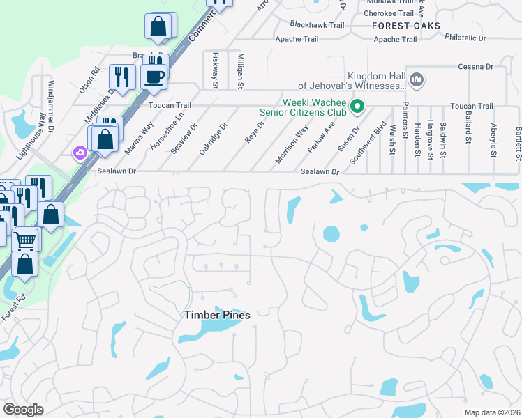 map of restaurants, bars, coffee shops, grocery stores, and more near 7305 Sugarbush Drive in Spring Hill