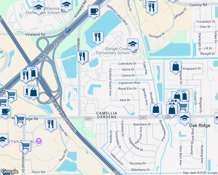 map of restaurants, bars, coffee shops, grocery stores, and more near 5710 Cardinal Guard Avenue in Orlando