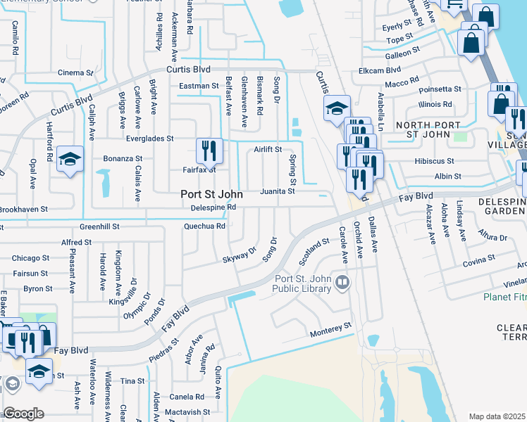 map of restaurants, bars, coffee shops, grocery stores, and more near 4095 Delespine Rd in Cocoa