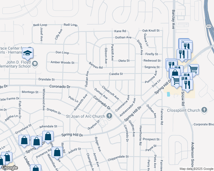 map of restaurants, bars, coffee shops, grocery stores, and more near 13515 Bonita Avenue in Spring Hill
