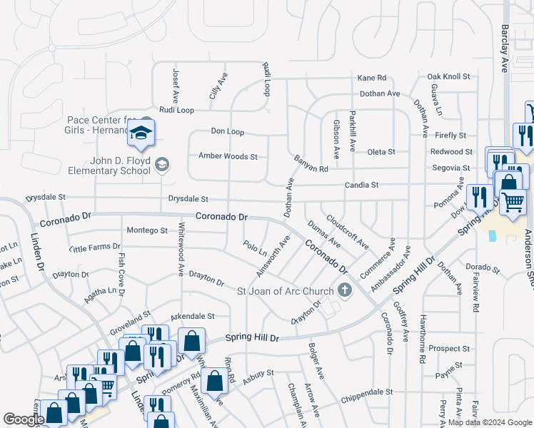 map of restaurants, bars, coffee shops, grocery stores, and more near 14336 Coronado Drive in Spring Hill