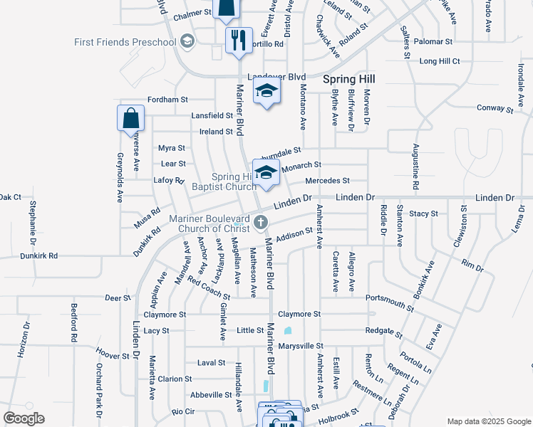 map of restaurants, bars, coffee shops, grocery stores, and more near 12478 Linden Drive in Spring Hill