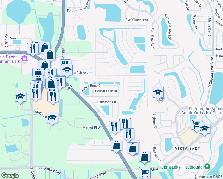 map of restaurants, bars, coffee shops, grocery stores, and more near 7685 Harbor Lake Drive in Orlando