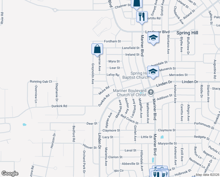 map of restaurants, bars, coffee shops, grocery stores, and more near 10395 Dunkirk Road in Spring Hill