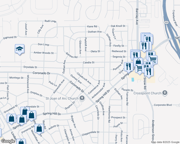 map of restaurants, bars, coffee shops, grocery stores, and more near 3105 Dow Lane in Spring Hill