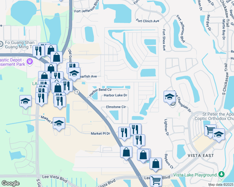 map of restaurants, bars, coffee shops, grocery stores, and more near 7685 Harbor Lake Drive in Orlando