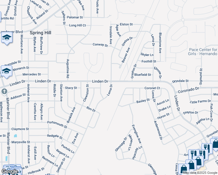 map of restaurants, bars, coffee shops, grocery stores, and more near 3105 Lema Drive in Spring Hill
