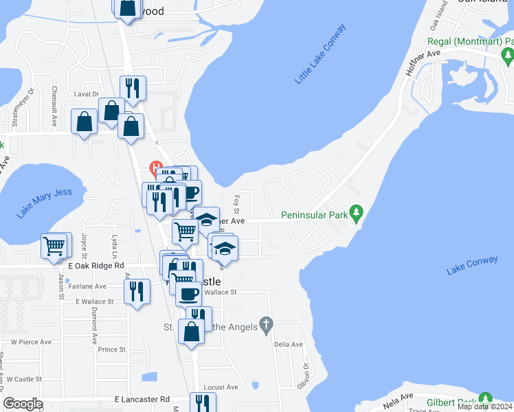 map of restaurants, bars, coffee shops, grocery stores, and more near 5638 Marinell Drive in Orlando