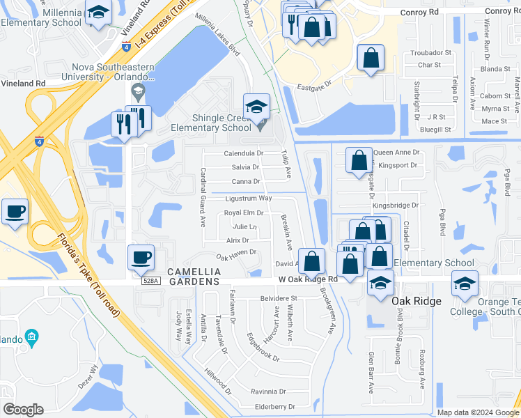 map of restaurants, bars, coffee shops, grocery stores, and more near 4507 Royal Elm Drive in Orlando