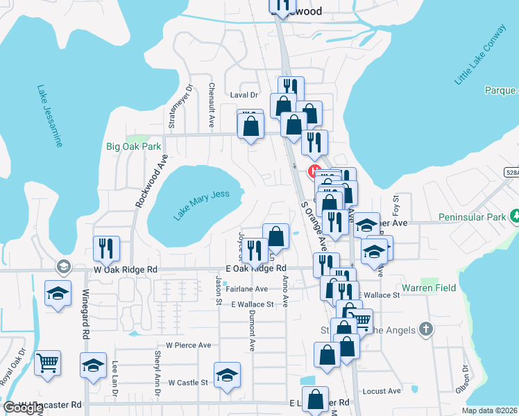 map of restaurants, bars, coffee shops, grocery stores, and more near 207 Lake Mary Drive in Orlando