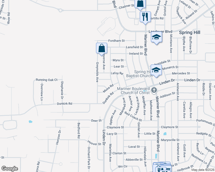 map of restaurants, bars, coffee shops, grocery stores, and more near 10339 Adler Street in Spring Hill