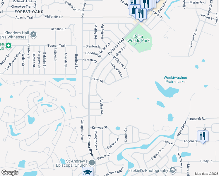 map of restaurants, bars, coffee shops, grocery stores, and more near 8362 Eric Street in Spring Hill