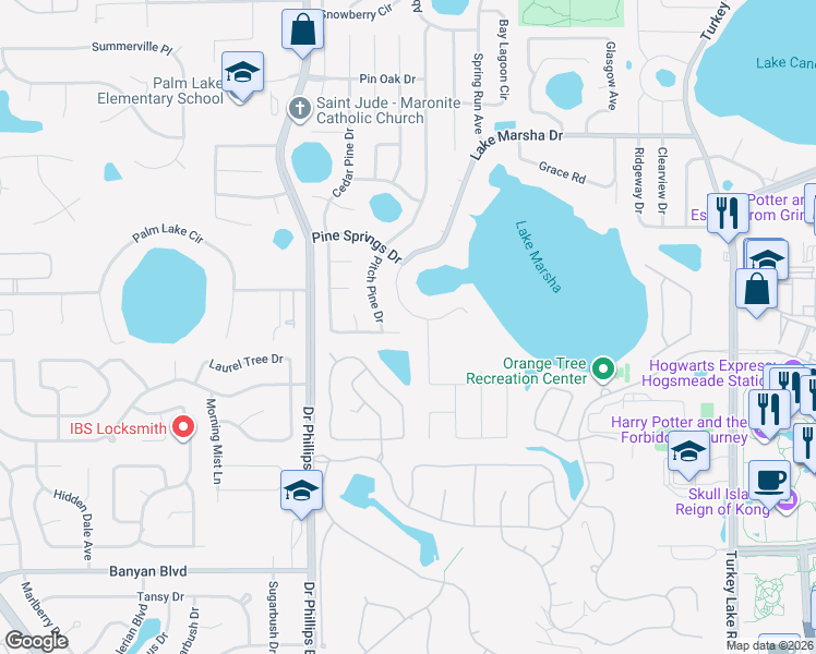 map of restaurants, bars, coffee shops, grocery stores, and more near 7601 Majestic Pine Court in Orlando