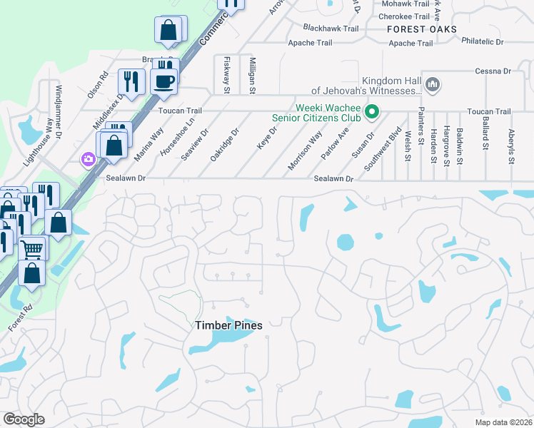 map of restaurants, bars, coffee shops, grocery stores, and more near 7305 Sugarbush Drive in Spring Hill
