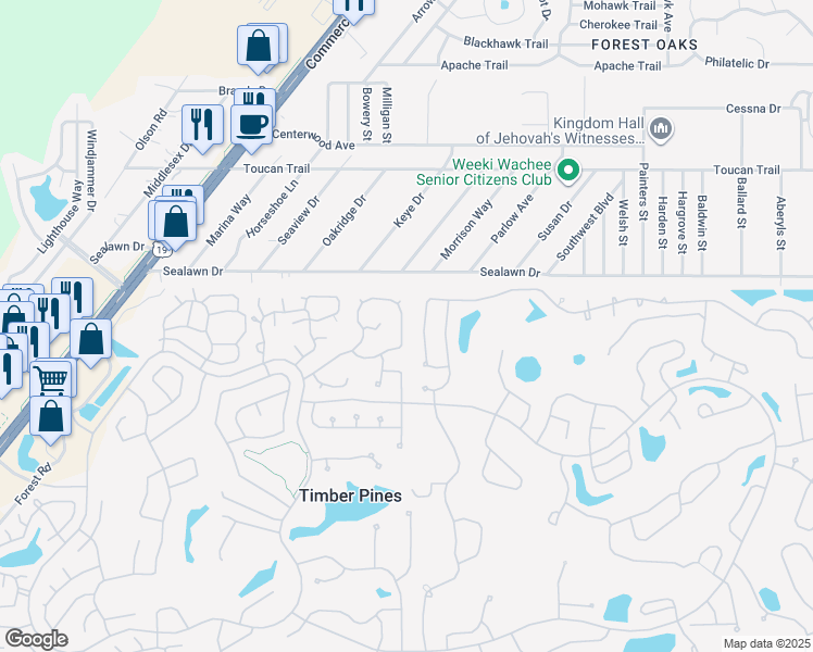 map of restaurants, bars, coffee shops, grocery stores, and more near 2671 Royal Ridge Drive in Spring Hill