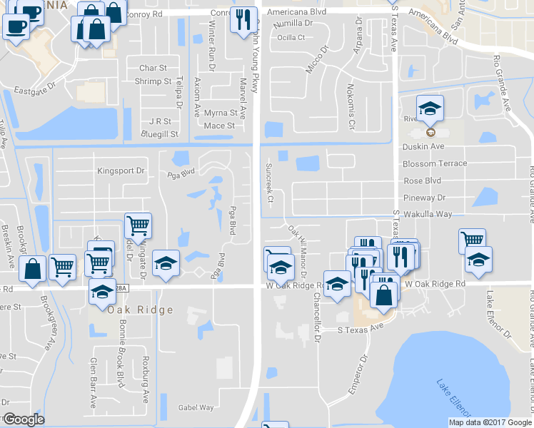 map of restaurants, bars, coffee shops, grocery stores, and more near 5688 Suncreek Court in Orlando