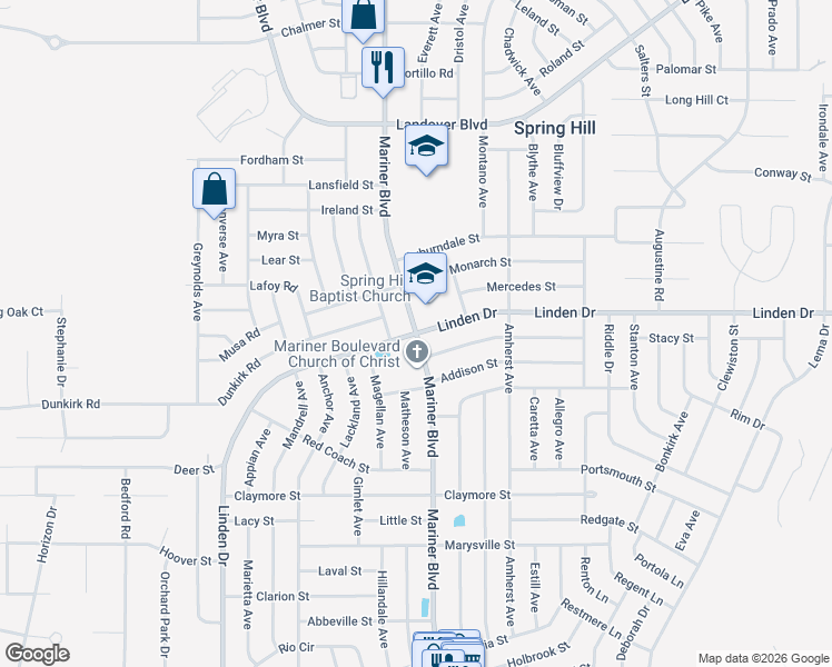 map of restaurants, bars, coffee shops, grocery stores, and more near Mariner Blvd & Linden Dr in Spring Hill