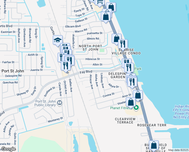 map of restaurants, bars, coffee shops, grocery stores, and more near 640 Aloha Avenue in Cocoa