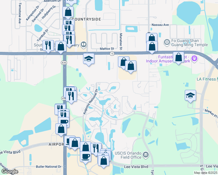 map of restaurants, bars, coffee shops, grocery stores, and more near 5975 Augusta National Drive in Orlando