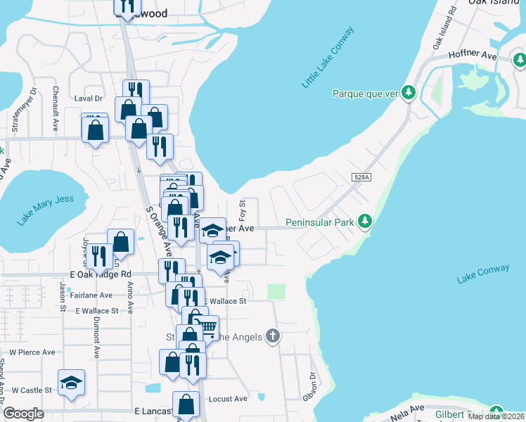 map of restaurants, bars, coffee shops, grocery stores, and more near 5638 Marinell Drive in Orlando