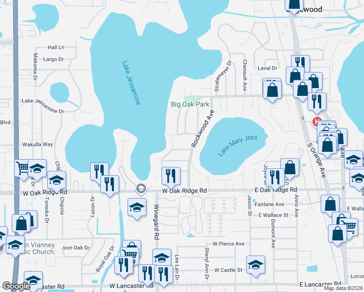 map of restaurants, bars, coffee shops, grocery stores, and more near 425 Roselawn Drive in Orlando